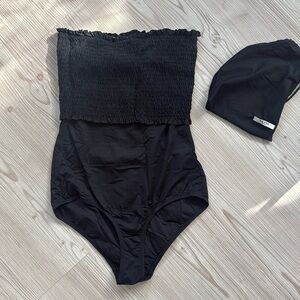 Ganni black ruched top bathing suit one piece size small with bag